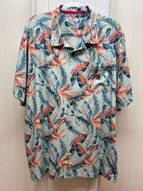 Tommy Bahama Light Aqua Tropical Leaf Camp Shirt with Coral & Navy Accents